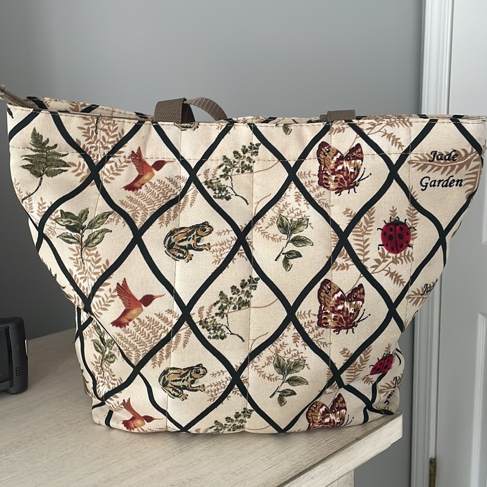 Quilted tapestry tote bag featuring a botanical "Jade Garden" design